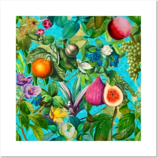 Vibrant tropical floral leaves and fruits floral illustration, botanical pattern, blue fruit pattern over a Posters and Art